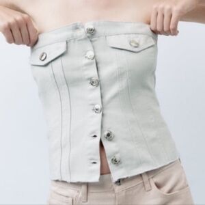 Zara Cotton Denim Corset Top Smocked Back Gray/Silver Size S #85